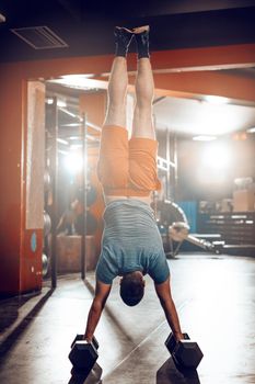 Young muscular man doing hard exercise at the gym. His is doing handstand and whole weight is on dumbbells.