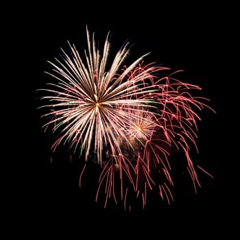 Colorful fireworks isolated on black sky background.