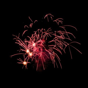 Colorful fireworks isolated on black sky background.