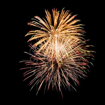 Colorful fireworks isolated on black sky background.