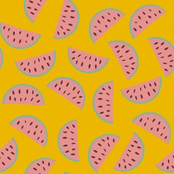 Hand drawn seamless pattern with watermelon fruit on yellow background, red green tropical food, bright summer holiday background. Juicy frech natural plant design