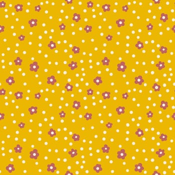 Hand drawn seamless pattern with small ditsy red flowers on yellow background white polka dot. Retro vintage floral design, tiny bloom blossom, mid century boho textile