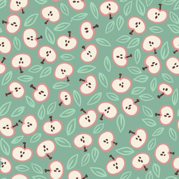 Hand drawn seamless pattern with apples fruits on pastel green background painted in simple minimalist shape design for food labels packaging, kitchen textile wallpaper. Soft neutral ditsy illustration