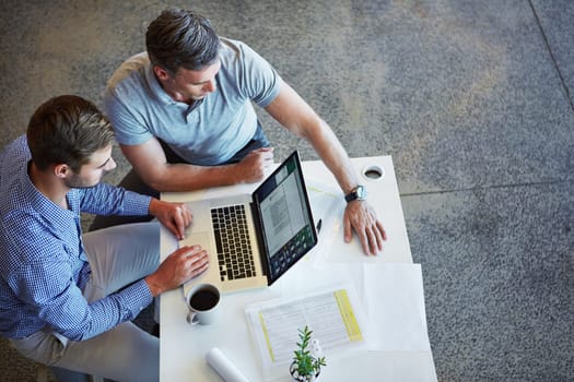 Office laptop, communication and business people teamwork on planning, research project or monitor web traffic. Information, cooperation and top view of team working on customer experience feedback.