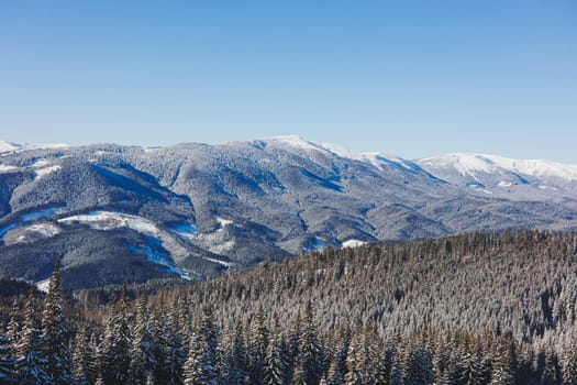 Winter landscape of snowy mountains with winter forest. Winter landscape