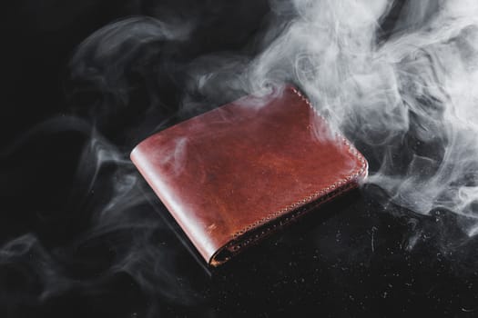 Stylish handmade brown leather wallet on a gray background. Product made of genuine leather.