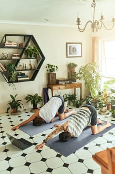 All hail the yoga instructor. two men using a laptop while going through a yoga routine at home