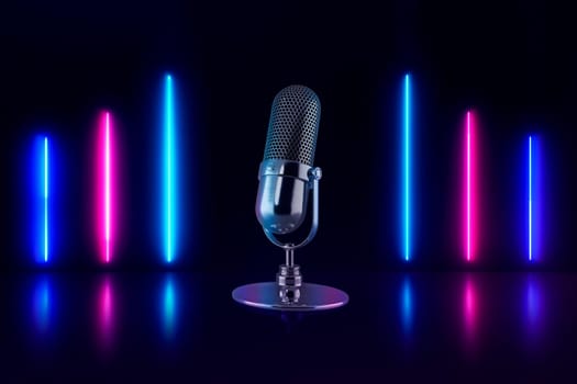 Microphone on Abstract neon background with colorful beams of light with bright laser. Podcast, live, streaming, creator content. 3d rendering.