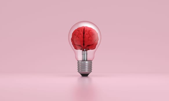 Brain inside a light bulb on pink background. Concept of inspiration, creativity, idea, education, innovation. 3D rendering.