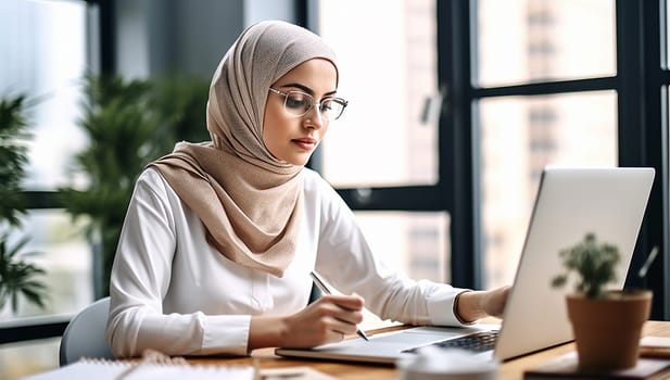Portrait of successful Muslim businesswoman inside office with laptop, woman in hijab smiling and looking at camera, muslim office worker wearing glasses. Islam