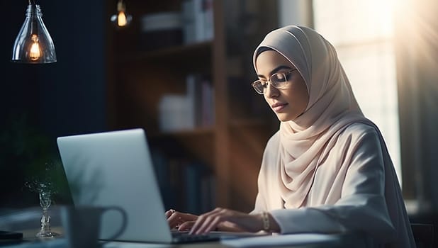 Portrait of successful Muslim businesswoman inside office with laptop, woman in hijab smiling and looking at camera, muslim office worker wearing glasses. Islam