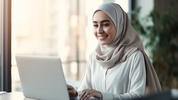 Portrait of successful Muslim businesswoman inside office with laptop, woman in hijab smiling and looking at camera, muslim office worker wearing glasses. Islam
