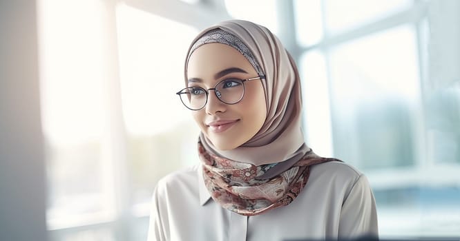 Successful Muslim woman portrait at modern Office Portrait of Muslim Businesswoman Wearing Hijab. Empowered Digital Entrepreneur. Beauty