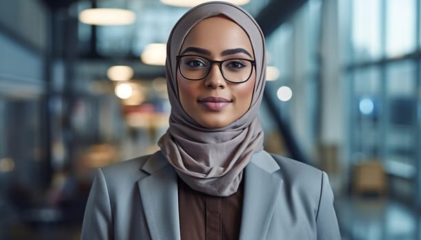 Successful Muslim woman portrait at modern Office Portrait of Muslim Businesswoman Wearing Hijab. Empowered Digital Entrepreneur. Beauty