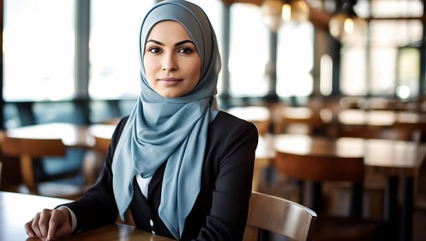 Successful Muslim woman portrait at modern Office Portrait of Muslim Businesswoman Wearing Hijab. Empowered Digital Entrepreneur. Beauty