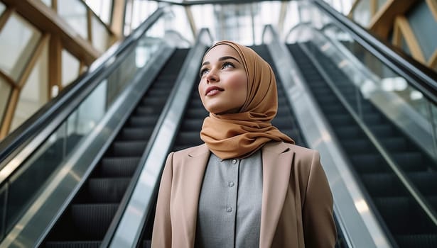 Successful Muslim woman portrait at modern Office Portrait of Muslim Businesswoman Wearing Hijab. Empowered Digital Entrepreneur. Beauty