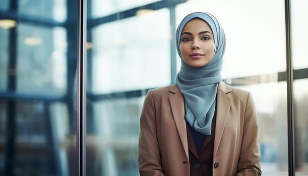 Successful Muslim woman portrait at modern Office Portrait of Muslim Businesswoman Wearing Hijab. Empowered Digital Entrepreneur. Beauty