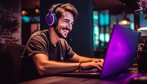 Professional Gamer Playing First-Person Shooter Online Video Game on His Powerful Personal Computer. Room and PC have Colorful Neon Led Lights. Young Man is Wearing a headset. Cozy Evening at Home. streamer