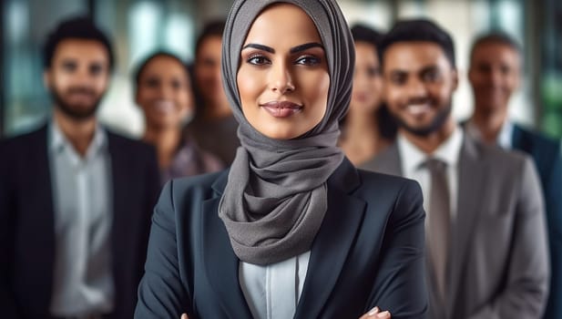 Successful muslim business woman smiling confident with arms crossed female manager in office. Blurred team behind her on the background. Teamleader, Muslim boss concept. Powrful woman Islam