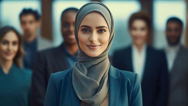 Successful muslim business woman smiling confident with arms crossed female manager in office. Blurred team behind her on the background. Teamleader, Muslim boss concept. Powrful woman Islam