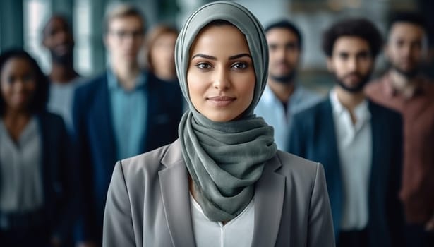Successful muslim business woman smiling confident with arms crossed female manager in office. Blurred team behind her on the background. Teamleader, Muslim boss concept. Powrful woman Islam