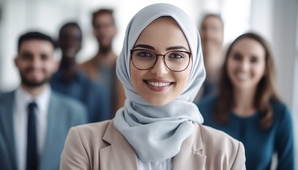 Successful muslim business woman smiling confident with arms crossed female manager in office. Blurred team behind her on the background. Teamleader, Muslim boss concept. Powrful woman Islam