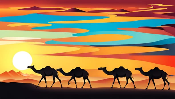 Four camels walking in the desert by colorful sunset - Generative AI