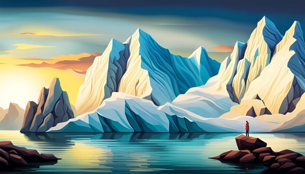 Arctic or Antarctic icebergs landscape with small human by sunset- Generative AI