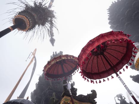 Hindu temple gate in the fog, Ulun Danu Batur, Bali,Indonesia. Balinese Hindu Temple, old hindu architecture, Bali Architecture, Ancient design. Travel concept.