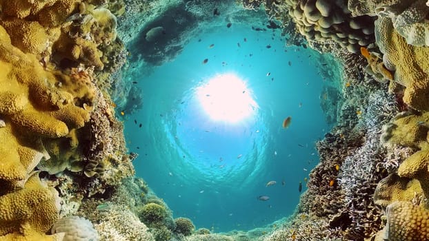 Tropical colourful underwater seascape.The underwater world with colored fish and a coral reef. Philippines.