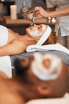Relax woman, spa facial mask and zen wellness therapy for luxury beauty skincare with partner in holiday resort. Calm female face, clean cosmetics and peace, holistic detox and healthy body massage.