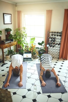 Getting into the yoga groove. two men using a laptop while going through a yoga routine at home
