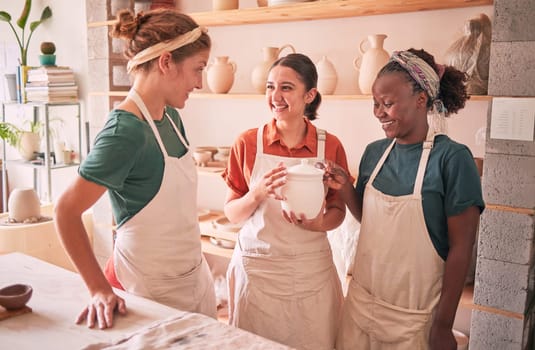 Communication, pottery workshop class and people teamwork on mold design, manufacturing or art product. Diversity, ceramic store or startup small business owner, artist group or happy women in studio.