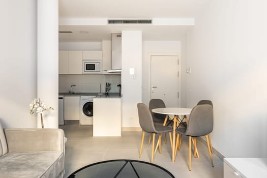 Bright studio apartment with a combined kitchen and a living room with a sofa, a coffee table and a dining table and chairs and a TV with a picture on the backdrop of the kitchen and hallway.