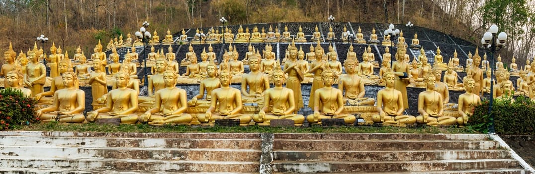 Multiple rows of golden statues of the Buddha seated with flowers, at Wat Phou Salao, Pakse, Laos