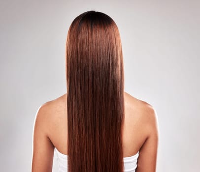 Salon hair and beauty of woman with texture health, shine and smooth keratin style of people. Self care, aesthetic or female with glow treatment of person back view at isolated studio gray background.