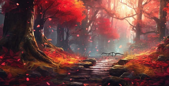 Fantasy fairy forest with colorful leaves at sunset. AI Generative