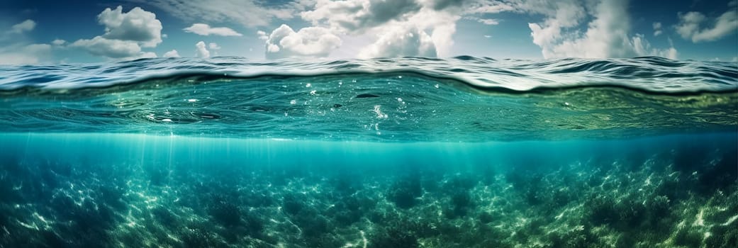 Long banner with underwater world and blue sky with clouds. Transparent deep water of the ocean or sea