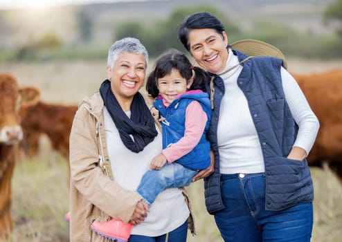 Farm, agriculture and portrait of grandparents with girl in countryside for farming, livestock and agro. Sustainability, family and child with cows for farmer, animal produce and eco friendly ranch.