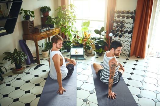 Yoga class with a bit of a twist. two men using a laptop while going through a yoga routine at home