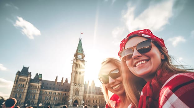 Beautiful female friends taking selfie infront of Parliament of Canada. Canada Day celebration. Summer vacation. Happy tourists visiting Canada. Generative ai