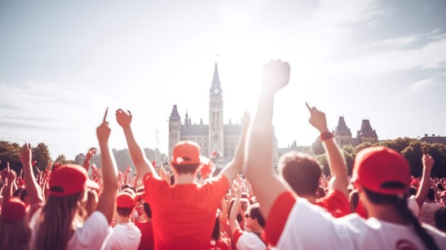 Young people celebrating Canada Day infront of Parliament of Canada. Happy tourists visiting Canada. Summer vacation. Generative ai