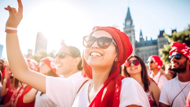 Young people celebrating Canada Day infront of Parliament of Canada. Happy tourists visiting Canada. Summer vacation. Generative ai