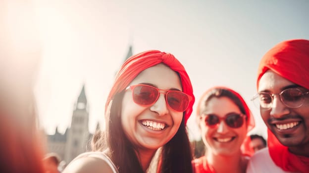 Group of Indian people celebrating Canada Day infront of Parliament of Canada. Happy tourists visiting Canada. Summer vacation. Generative ai