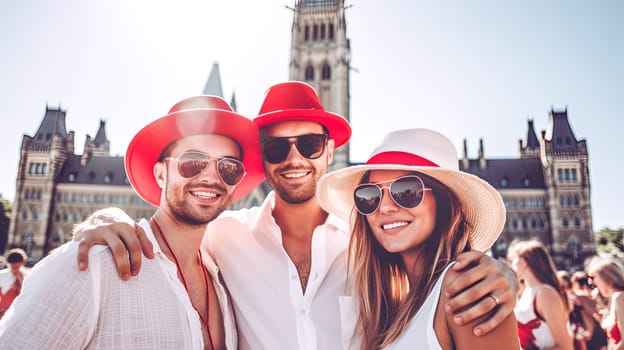 Young people celebrating Canada Day infront of Parliament of Canada. Happy tourists visiting Canada. Summer vacation. Generative ai