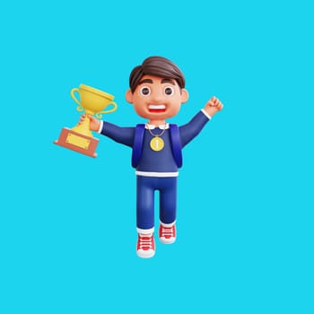 3d cute character champion get trophy and medal Back to school concept