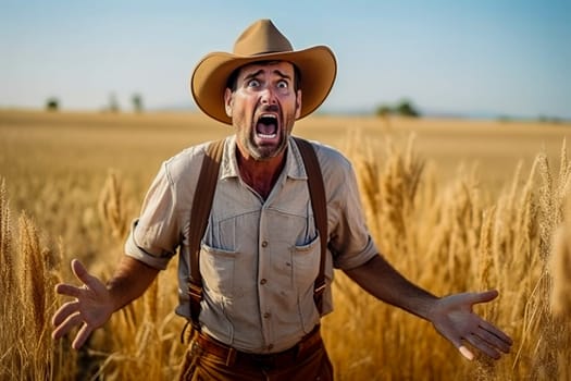 Frustrated man in a hat on the occasion of a drought and a small grain harvest. Generative AI. High quality illustration