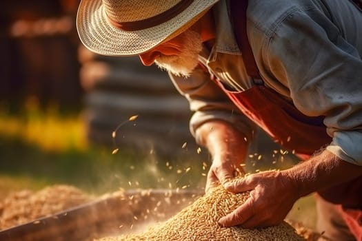 An adult man holds wheat grains in his palms, checks the quality of the crop. Generative AI. High quality illustration