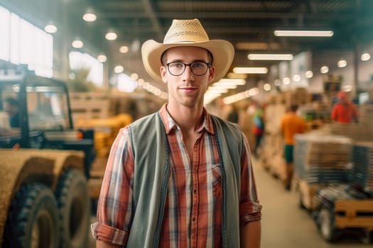 Portrait of a farmer in a hat on his farm. In the background are tractors and workers in the hangar. Generative AI. High quality illustration
