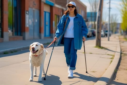 A guide dog helps a woman with poor eyesight walk. Generative AI. High quality illustration